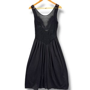 Vintage 80s Victoria's Secret Black Lace V Neck Sheer Bodice Dress Small